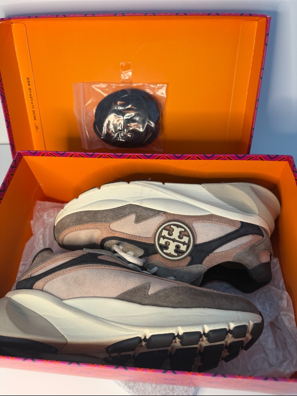 Tory Burch Sawyer Trainer Blush, Dark Blue and Cream Suede Chunky Sneakers